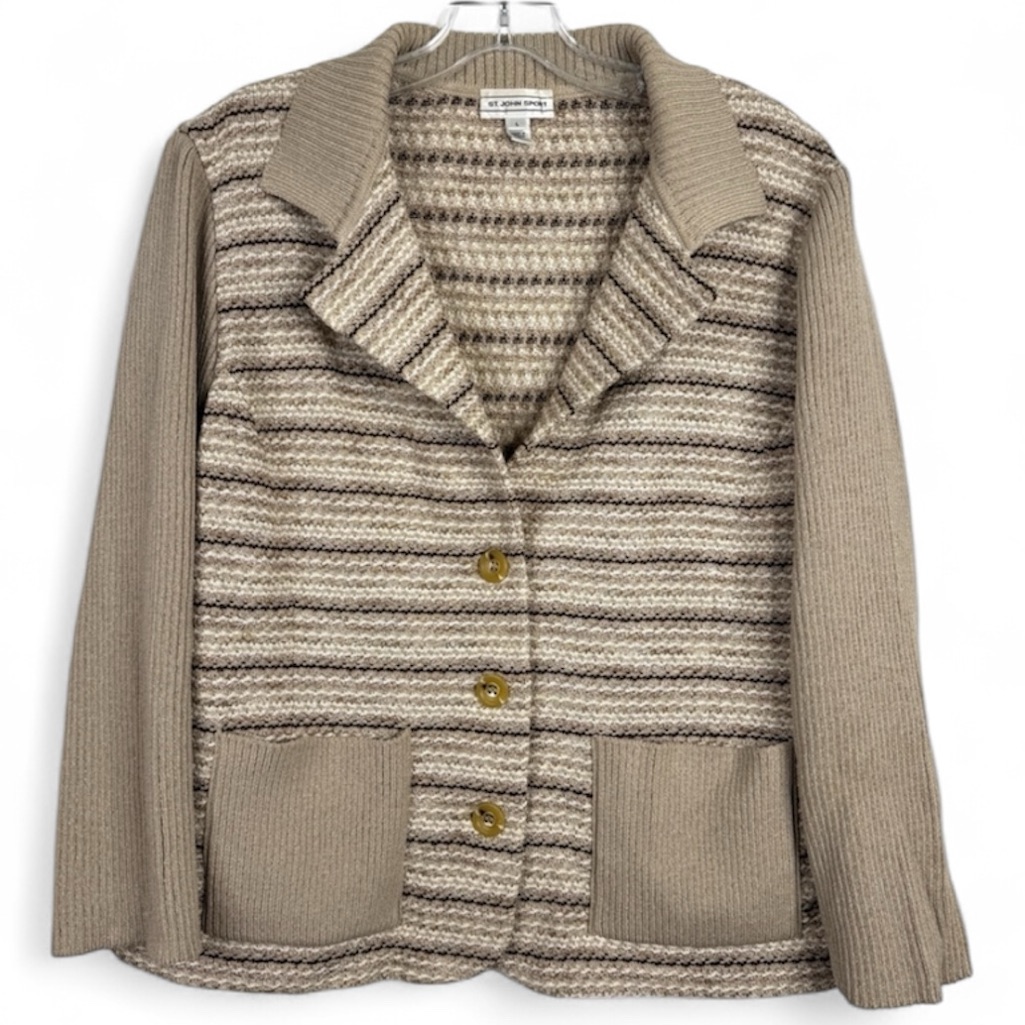 St. John Sport Striped Jacket Cardigan Blazer Ivory Cream Tan Size S